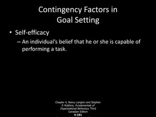 Contingency Factors in
Goal Setting
• Self-efficacy
– An individual’s belief that he or she is capable of
performing a task.
Chapter 4, Nancy Langton and Stephen
P. Robbins, Fundamentals of
Organizational Behaviour, Third
Canadian Edition
4-181
 