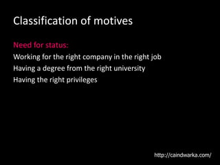 Classification of motives
Need for status:
Working for the right company in the right job
Having a degree from the right university
Having the right privileges
http://caindwarka.com/
 