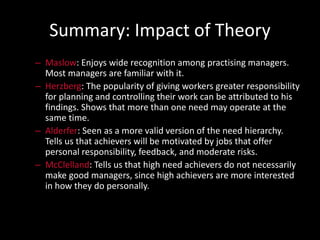 Summary: Impact of Theory
– Maslow: Enjoys wide recognition among practising managers.
Most managers are familiar with it.
– Herzberg: The popularity of giving workers greater responsibility
for planning and controlling their work can be attributed to his
findings. Shows that more than one need may operate at the
same time.
– Alderfer: Seen as a more valid version of the need hierarchy.
Tells us that achievers will be motivated by jobs that offer
personal responsibility, feedback, and moderate risks.
– McClelland: Tells us that high need achievers do not necessarily
make good managers, since high achievers are more interested
in how they do personally.
 
