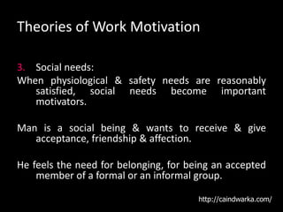 Theories of Work Motivation
3. Social needs:
When physiological & safety needs are reasonably
satisfied, social needs become important
motivators.
Man is a social being & wants to receive & give
acceptance, friendship & affection.
He feels the need for belonging, for being an accepted
member of a formal or an informal group.
http://caindwarka.com/
 