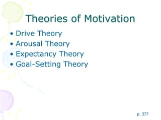 Theories of Motivation
• Drive Theory
• Arousal Theory
• Expectancy Theory
• Goal-Setting Theory
p. 377
 