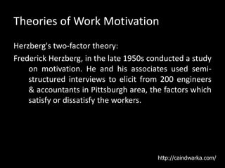 Theories of Work Motivation
Herzberg's two-factor theory:
Frederick Herzberg, in the late 1950s conducted a study
on motivation. He and his associates used semi-
structured interviews to elicit from 200 engineers
& accountants in Pittsburgh area, the factors which
satisfy or dissatisfy the workers.
http://caindwarka.com/
 