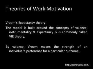 Theories of Work Motivation
Vroom’s Expectancy theory:
The model is built around the concepts of valence,
instrumentality & expectancy & is commonly called
VIE theory.
By valence, Vroom means the strength of an
individual’s preference for a particular outcome.
http://caindwarka.com/
 