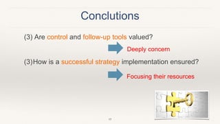 Conclutions
17
(3) Are control and follow-up tools valued?
(3)How is a successful strategy implementation ensured?
Deeply concern
Focusing their resources
 