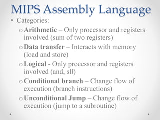 MIPS Assembly Language
• Categories:
oArithmetic – Only processor and registers
involved (sum of two registers)
oData transfer – Interacts with memory
(load and store)
oLogical - Only processor and registers
involved (and, sll)
oConditional branch – Change flow of
execution (branch instructions)
oUnconditional Jump – Change flow of
execution (jump to a subroutine)
 