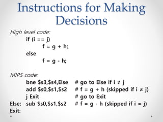 Instructions for Making
Decisions
High level code:
if (i == j)
f = g + h;
else
f = g - h;
MIPS code:
bne $s3,$s4,Else # go to Else if i ≠ j
add $s0,$s1,$s2 # f = g + h (skipped if i ≠ j)
j Exit # go to Exit
Else: sub $s0,$s1,$s2 # f = g - h (skipped if i = j)
Exit:
 