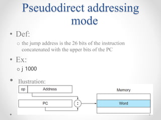 Pseudodirect addressing
mode
• Def:
o the jump address is the 26 bits of the instruction
concatenated with the upper bits of the PC
• Ex:
o j 1000
• Ilustration:
 