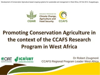 Development of Conservation Agriculture based cropping systems for sustainable soil management in West Africa, 05 Feb 2014, Ouagadougou

Promoting Conservation Agriculture in
the context of the CCAFS Research
Program in West Africa
Dr Robert Zougmoré
CCAFS Regional Program Leader West Africa

 