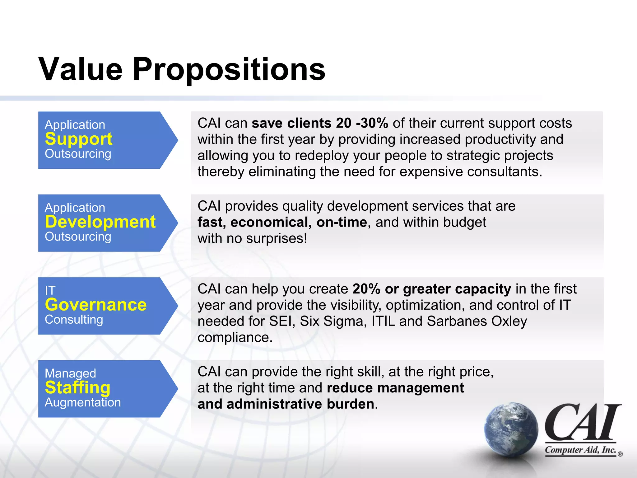 Value Propositions
Application    CAI can save clients 20 -30% of their current support costs
Support        within the first year by providing increased productivity and
Outsourcing    allowing you to redeploy your people to strategic projects
               thereby eliminating the need for expensive consultants.

Application    CAI provides quality development services that are
Development    fast, economical, on-time, and within budget
Outsourcing    with no surprises!


IT             CAI can help you create 20% or greater capacity in the first
Governance     year and provide the visibility, optimization, and control of IT
Consulting     needed for SEI, Six Sigma, ITIL and Sarbanes Oxley
               compliance.

Managed        CAI can provide the right skill, at the right price,
Staffing       at the right time and reduce management
Augmentation   and administrative burden.
 