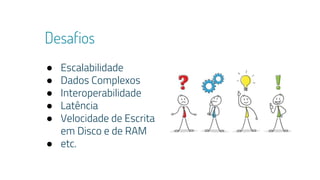 Desafios
● Escalabilidade
● Dados Complexos
● Interoperabilidade
● Latência
● Velocidade de Escrita
em Disco e de RAM
● etc.
 