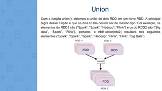 Union
Com a função union(), obtemos a união de dois RDD em um novo RDD. A principal
regra dessa função é que os dois RDDs devem ser do mesmo tipo. Por exemplo, os
elementos do RDD1 são {“Spark”, “Spark”, “Hadoop”, “Flink”} e os do RDD2 são {“Big
data”, “Spark”, “Flink”}, portanto, o rdd1.union(rdd2) resultará nos seguintes
elementos {“Spark”, “Spark”, “Spark”, “Hadoop”, “Flink”, “Flink”, “Big Data”}.
 