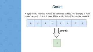 Count
A ação count() retorna o número de elementos no RDD. Por exemplo, o RDD
possui valores {1, 2, 3, 4, 6} neste RDD a função “count ()” irá retornar o valor 6.
 