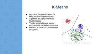 K-Means
● Algoritmo de aprendizagem de
Máquina Não Supervisionado
● Algoritmo de Agrupamento ou
Clusterização
● Versão otimizada para uso de
programação paralela/concorrente
● Medida de Distância (Similaridade
de Dados)
 