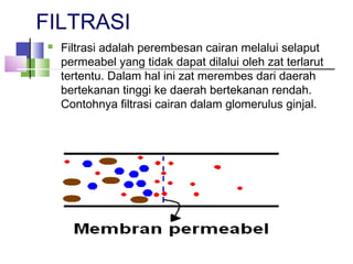 FILTRASI
 Filtrasi adalah perembesan cairan melalui selaput
permeabel yang tidak dapat dilalui oleh zat terlarut
tertentu. Dalam hal ini zat merembes dari daerah
bertekanan tinggi ke daerah bertekanan rendah.
Contohnya filtrasi cairan dalam glomerulus ginjal.
 