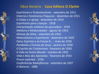 Obra literária - Casa Editora O Clarim
Espiritismo e Protestantismo - setembro de 1911
Histeria e Fenômenos Psíquicos - dezembro de 1911
O Diabo e a Igreja - dezembro de 1914
Espiritismo para crianças - 1918
Interpretação sintética do apocalipse - 1918
Médiuns e Mediunidades - agosto de 1923
Gênese da Alma - setembro de 1924
Materialismo e Espiritismo - dezembro de 1925
Fatos Espíritas e as Forças X... - maio de 1926
Parábolas e Ensinos de Jesus - janeiro de 1928
O Espírito do Cristianismo - fevereiro de 1930
A Vida no Outro Mundo - outubro de 1932
Vida e Atos dos Apóstolos - fevereiro de 1933
Preces espíritas - 1936
Conferências Radiofônicas - setembro de 1937
O Batismo - 1986
 