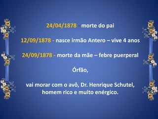 24/04/1878 - morte do pai
12/09/1878 - nasce irmão Antero – vive 4 anos
24/09/1878 - morte da mãe – febre puerperal
Órfão,
vai morar com o avô, Dr. Henrique Schutel,
homem rico e muito enérgico.
 