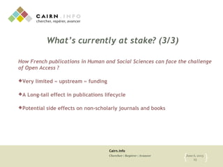 Cairn.info
Chercher : Repérer : Avancer June 6, 2013
25{ }
What’s currently at stake? (3/3)
How French publications in Human and Social Sciences can face the challenge
of Open Access ?
Very limited « upstream » funding
A Long-tail effect in publications lifecycle
Potential side effects on non-scholarly journals and books
 