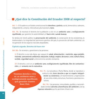 ElProgramadeAccióndeCairoylaConstituciónEcuatorianaCAIRO+20
Art. 1.- El Ecuador es un Estado constitucional de derechos y justicia, social, democrático, soberano,
independiente, unitario, intercultural, plurinacional y laico.
Art. 14.- Se reconoce el derecho de la población a vivir en un ambiente sano y ecológicamente
equilibrado, que garantice la sostenibilidad y el buen vivir, sumak kawsay.
Se declara de interés público la preservación del ambiente, la conservación de los ecosistemas, la
biodiversidad y la integridad del patrimonio genético del país, la prevención del daño ambiental y la
recuperación de los espacios naturales degradados.
Capítulo segundo. Derechos del buen vivir
Art. 66.- Se reconoce y garantizará a las personas:
2. El derecho a una vida digna, que asegure la salud, alimentación y nutrición, agua potable,
vivienda, saneamiento ambiental, educación, trabajo, empleo, descanso y ocio, cultura física,
vestido, seguridad social y otros servicios sociales necesarios.
27. EI derecho a vivir en un ambiente sano, ecológicamente equilibrado, libre de contamina-
ción y en armonía con la naturaleza.
Art. 71.- La naturaleza o Pacha Mama, donde se reproduce y
realiza la vida, tiene derecho a que se respete integral-
mente su existencia y el mantenimiento y regeneración
de sus ciclos vitales, estructura, funciones y procesos evo-
lutivos.
Art. 74.- Las personas, comunidades, pueblos y nacionali-
dades tendrán derecho a beneficiarse del ambiente y de las
riquezas naturales que les permitan el buen vivir.
¿Qué dice la Constitución del Ecuador 2008 al respecto?
Población, crecimiento económico sostenido y desarrollo sostenible
Tenemos derecho a vivir
en un ambiente sano y
ecológicamente equilibrado
que garantice nuestro
Buen Vivir.
12
 