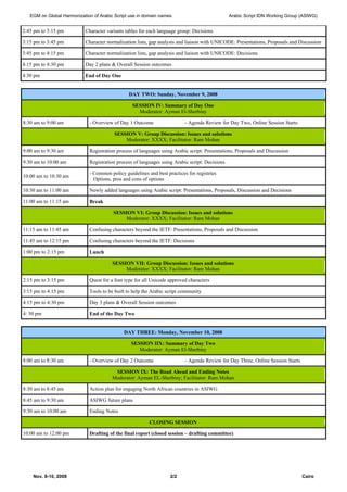 EGM on Global Harmonization of Arabic Script use in domain names Arabic Script IDN Working Group (ASIWG)
Nov. 8-10, 2008 2/2 Cairo
2:45 pm to 3:15 pm Character variants tables for each language group: Decisions
3:15 pm to 3:45 pm Character normalization lists, gap analysis and liaison with UNICODE: Presentations, Proposals and Discussion
3:45 pm to 4:15 pm Character normalization lists, gap analysis and liaison with UNICODE: Decisions
4:15 pm to 4:30 pm Day 2 plans & Overall Session outcomes
4:30 pm End of Day One
DAY TWO: Sunday, November 9, 2008
SESSION IV: Summary of Day One
Moderator: Ayman El-Sherbiny
8:30 am to 9:00 am - Overview of Day 1 Outcome - Agenda Review for Day Two, Online Session Starts
SESSION V: Group Discussion: Issues and solutions
Moderator: XXXX; Facilitator: Ram Mohan
9:00 am to 9:30 am Registration process of languages using Arabic script: Presentations, Proposals and Discussion
9:30 am to 10:00 am Registration process of languages using Arabic script: Decisions
10:00 am to 10:30 am
- Common policy guidelines and best practices for registries
Options, pros and cons of options
10:30 am to 11:00 am Newly added languages using Arabic script: Presentations, Proposals, Discussion and Decisions
11:00 am to 11:15 am Break
SESSION VI: Group Discussion: Issues and solutions
Moderator: XXXX; Facilitator: Ram Mohan
11:15 am to 11:45 am Confusing characters beyond the IETF: Presentations, Proposals and Discussion
11:45 am to 12:15 pm Confusing characters beyond the IETF: Decisions
1:00 pm to 2:15 pm Lunch
SESSION VII: Group Discussion: Issues and solutions
Moderator: XXXX; Facilitator: Ram Mohan
2:15 pm to 3:15 pm Quest for a font type for all Unicode approved characters
3:15 pm to 4:15 pm Tools to be built to help the Arabic script community
4:15 pm to 4:30 pm Day 3 plans & Overall Session outcomes
4: 30 pm End of the Day Two
DAY THREE: Monday, November 10, 2008
SESSION IIX: Summary of Day Two
Moderator: Ayman El-Sherbiny
8:00 am to 8:30 am - Overview of Day 2 Outcome - Agenda Review for Day Three, Online Session Starts
SESSION IX: The Road Ahead and Ending Notes
Moderator: Ayman EL-Sherbiny; Facilitator: Ram Mohan
8:30 am to 8:45 am Action plan for engaging North African countries in ASIWG
8:45 am to 9:30 am ASIWG future plans
9:30 am to 10:00 am Ending Notes
CLOSING SESSION
10:00 am to 12:00 pm Drafting of the final report (closed session – drafting committee)
 