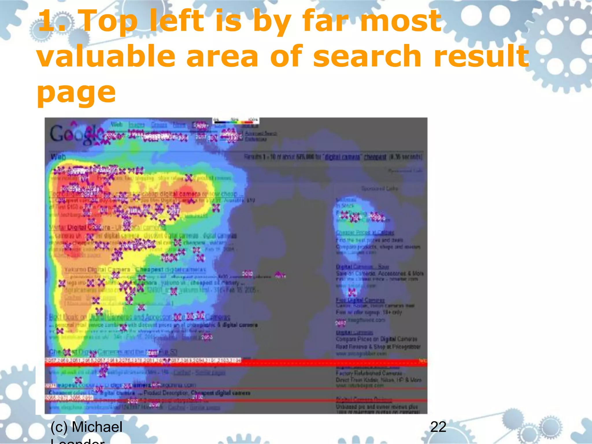 1. Top left is by far most
valuable area of search result
page




(c) Michael            22
 