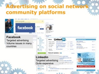 Advertising on social network
community platforms



Facebook
Targeted advertising
Volume issues in many
countries



                        Linkedin
                        Targeted advertising
                        Quite expensive
 
