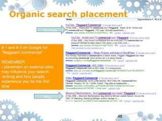 Organic search placement
                       YouTube




# 1 and # 5 on Google for
”fleggaard commercial”

REMEMBER
- placement on external sites
may influence your search
ranking and how people
experience you for the first
time

                       Blog




                                 48
 