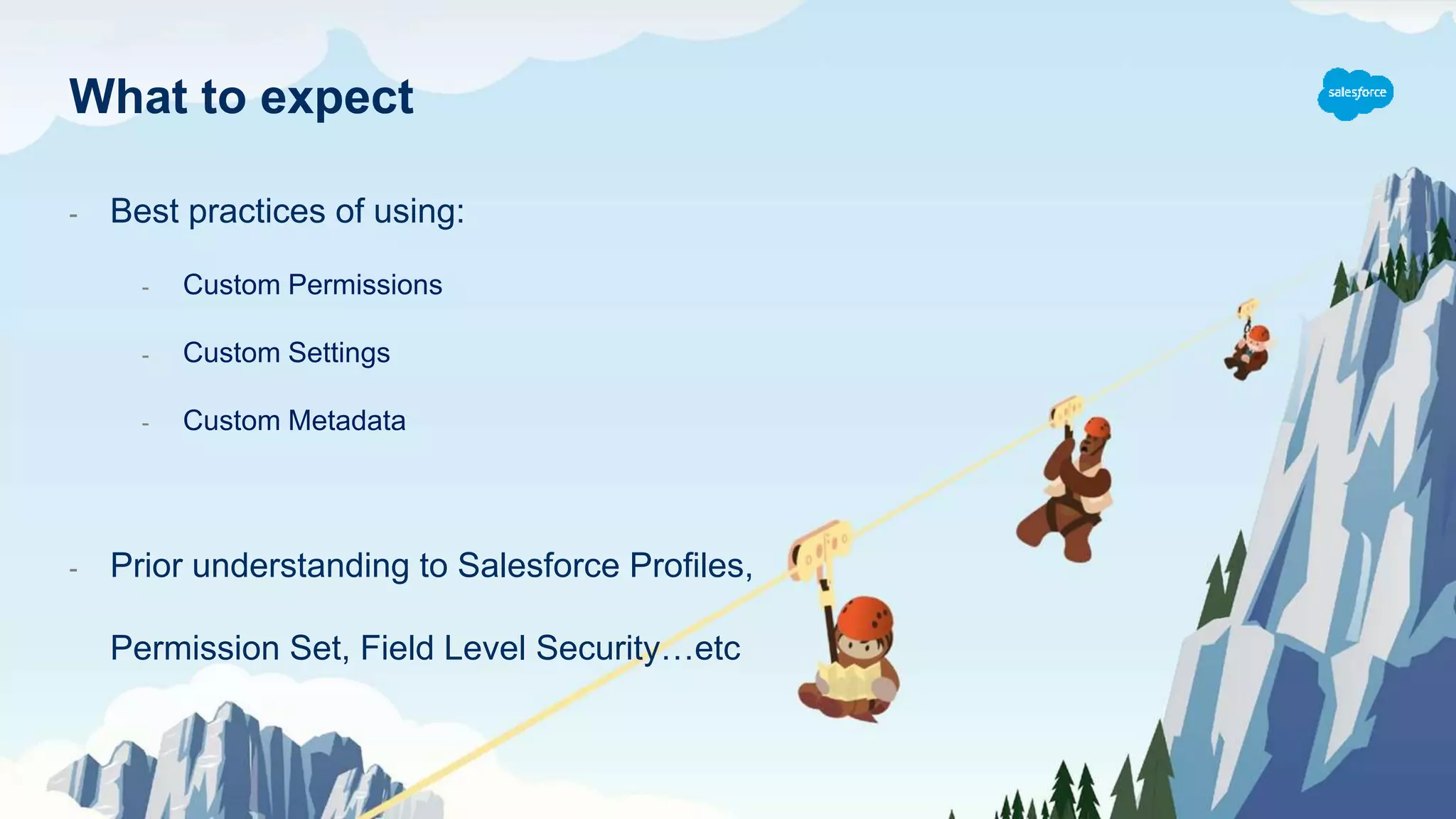 What to expect
- Best practices of using:
- Custom Permissions
- Custom Settings
- Custom Metadata
- Prior understanding to Salesforce Profiles,
Permission Set, Field Level Security…etc
 