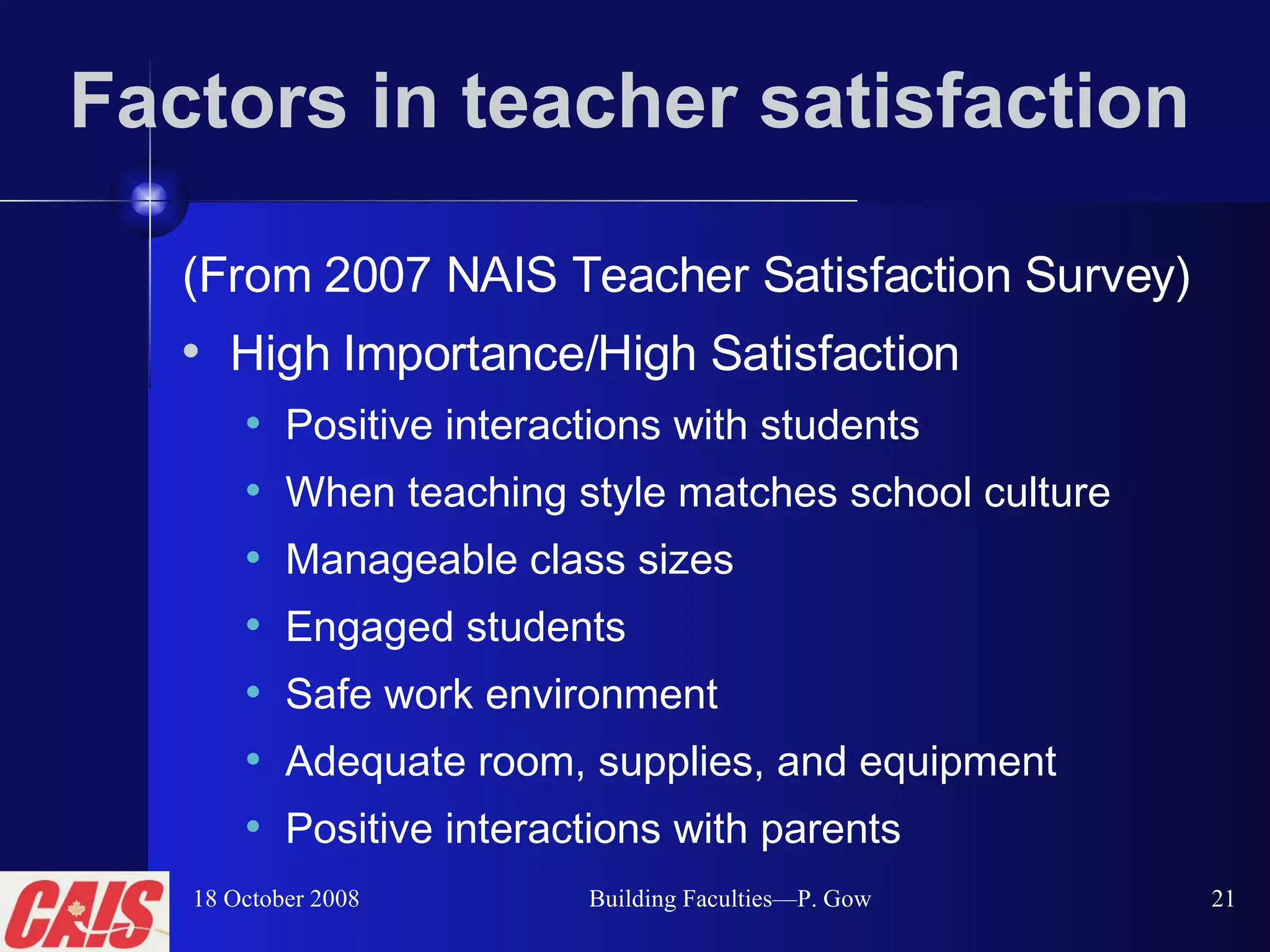 Factors in teacher satisfaction  (From 2007 NAIS Teacher Satisfaction Survey) High Importance/High Satisfaction Positive interactions with students When teaching style matches school culture Manageable class sizes Engaged students Safe work environment Adequate room, supplies, and equipment Positive interactions with parents 18 October 2008 Building Faculties—P. Gow 