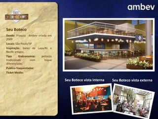 Seu Boteco
Desde: Fraquia Ambev criada em
2009
Locais: São Paulo/SP
Inspiração: bares da Lapa/RJ e
Recife antigos.
Tipo
Gratronomia:
petiscos
tradicionais
com
toque
diferenciado.
Publico frequentador:
Ticket Médio:

Seu Boteco vista interna

Seu Boteco vista externa

 