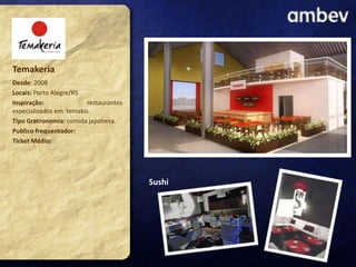 Temakeria
Desde: 2008
Locais: Porto Alegre/RS
Inspiração:
restaurantes
especializados em temakis.
Tipo Gratronomia: comida japonesa.
Publico frequentador:
Ticket Médio:

Sushi

 