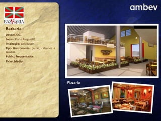 Bazkaria
Desde: 2001
Locais: Porto Alegre/RS
Inspiração: país Basco.
Tipo Gratronomia: pizzas, calzones e
saladas.
Publico frequentador:
Ticket Médio:

Pizzaria

 