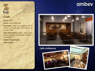 Z Café
Desde: 2000
Locais: Porto Alegre/RS
Inspiração: surgiu com objetivo de se
tornar um local para adoradores de
um bom café.
Tipo Gratronomia: cafés , chás, sucos,
drinks, petiscos, sanduíches, saladas e
sobremesas.
Público frequentador:
Ticket Médio:

Café e bilheteria

 