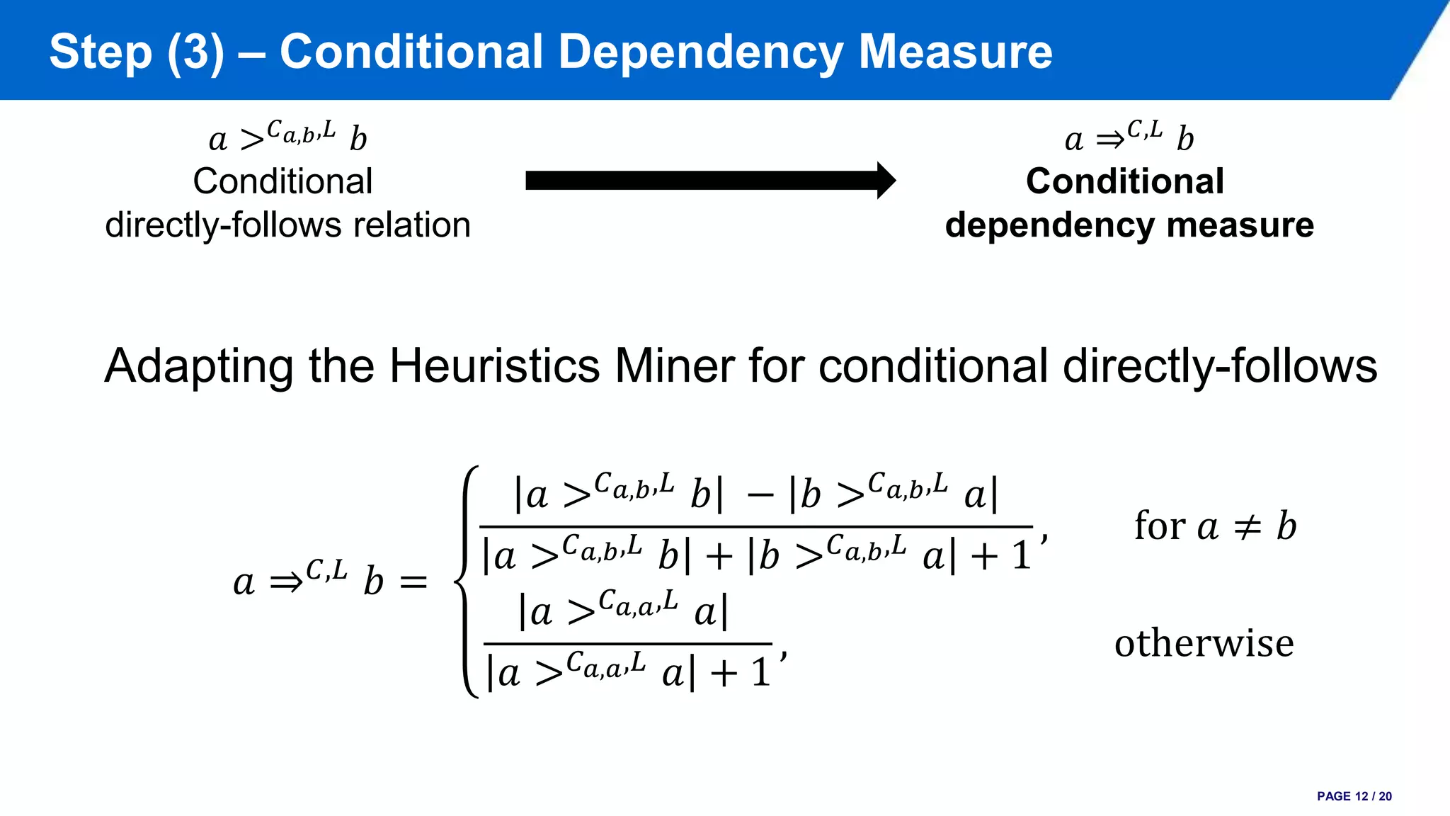 Step (3) – Conditional Dependency Measure
PAGE 12 / 20
𝑎 > 𝐶 𝑎,𝑏,𝐿 𝑏
Conditional
directly-follows relation
𝑎 ⇒ 𝐶,𝐿 𝑏
Conditional
dependency measure
Adapting the Heuristics Miner for conditional directly-follows
𝑎 ⇒ 𝐶,𝐿 𝑏 =
𝑎 > 𝐶 𝑎,𝑏,𝐿
𝑏 − 𝑏 > 𝐶 𝑎,𝑏,𝐿
𝑎
𝑎 > 𝐶 𝑎,𝑏,𝐿 𝑏 + 𝑏 > 𝐶 𝑎,𝑏,𝐿 𝑎 + 1
, for 𝑎 ≠ 𝑏
𝑎 > 𝐶 𝑎,𝑎,𝐿
𝑎
𝑎 > 𝐶 𝑎,𝑎,𝐿 𝑎 + 1
, otherwise
 