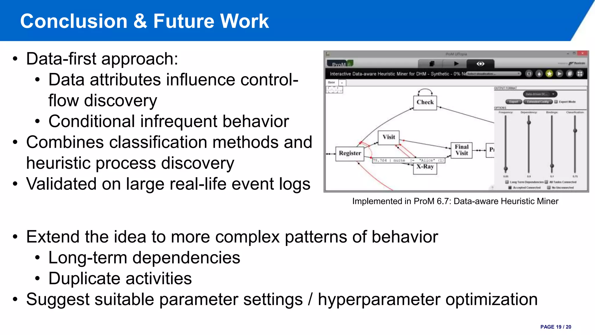 Conclusion & Future Work
PAGE 19 / 20
Implemented in ProM 6.7: Data-aware Heuristic Miner
• Data-first approach:
• Data attributes influence control-
flow discovery
• Conditional infrequent behavior
• Combines classification methods and
heuristic process discovery
• Validated on large real-life event logs
• Extend the idea to more complex patterns of behavior
• Long-term dependencies
• Duplicate activities
• Suggest suitable parameter settings / hyperparameter optimization
 
