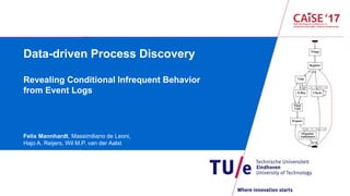 Data-driven Process Discovery
Revealing Conditional Infrequent Behavior
from Event Logs
Felix Mannhardt, Massimiliano de Leoni,
Hajo A. Reijers, Wil M.P. van der Aalst
 