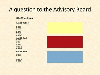 A question to the Advisory Board
CAiSE colours
CAiSE Yellow
R: 255
G: 255
B: 153
C: 0 %
M: 0 %
Y: 40 %
K: 0 %
CAiSE Red
R: 174
G: 19
B: 26
C: 0 %
M: 89 %
Y: 85 %
K: 32 %
CAiSE Blue
R: 125
G: 171
B: 205
C: 39 %
M: 17 %
Y: 0 %
K: 20 %
 