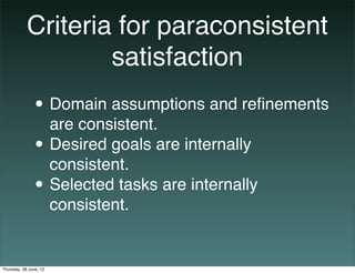 Criteria for paraconsistent
                    satisfaction
               • Domain assumptions and reﬁnements
          ...