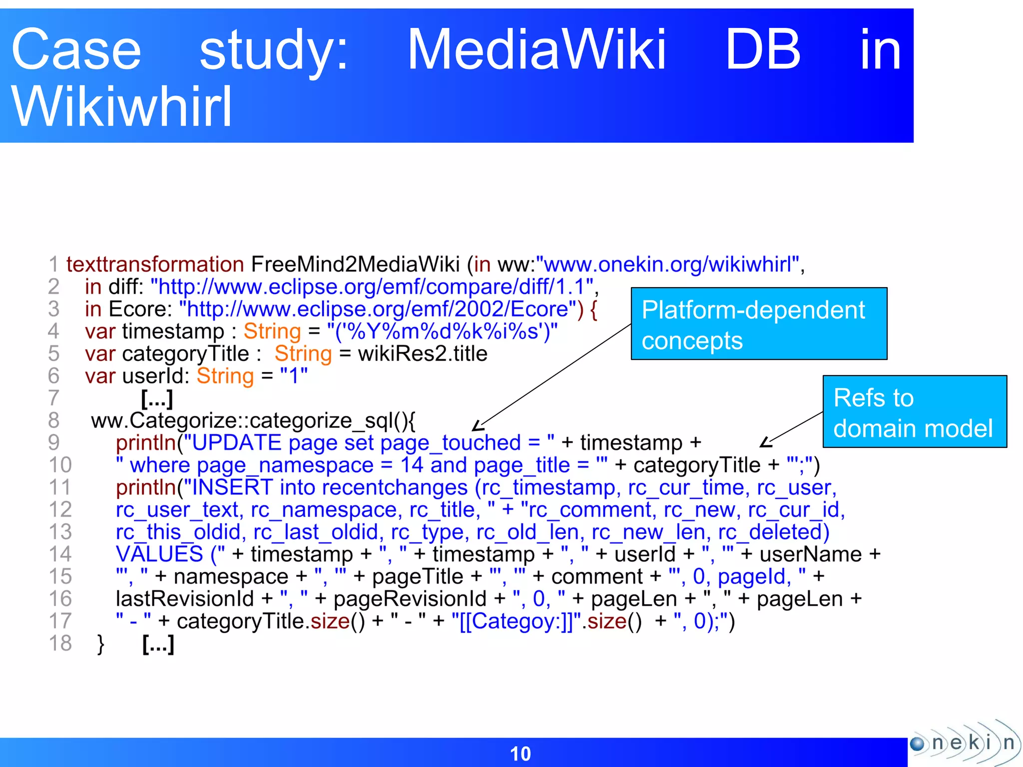 10
Case study: MediaWiki DB in
Wikiwhirl
Platform-dependent
concepts
Refs to
domain model
 