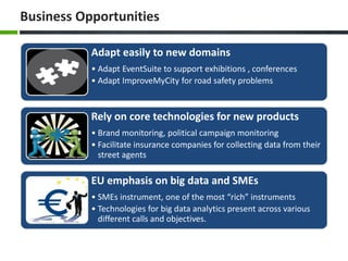 Business Opportunities
Adapt easily to new domains
• Adapt EventSuite to support exhibitions , conferences
• Adapt ImproveMyCity for road safety problems
Rely on core technologies for new products
• Brand monitoring, political campaign monitoring
• Facilitate insurance companies for collecting data from their
street agents
EU emphasis on big data and SMEs
• SMEs instrument, one of the most “rich” instruments
• Technologies for big data analytics present across various
different calls and objectives.
 