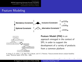 Introduction
BPFM Supporting Business Process Variability
Evaluation in Public Administration Domain
Conclusions and Future Works
Feature Modeling
Feature Model (FM) is an
approach emerged in the context of
SPL in order to support the
development of a variety of products
from a common platform
K. Kang, S. G. Cohen, J. A. Hess, W. E. Novak, and A. S. Peterson. Feature-oriented domain analysis feasibility
study. Technical report, DTIC Doc., 1990.
R. Cognini, F. Corradini, A. Polini, B. Re Variability Modelling in BP
 