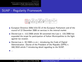 Introduction
BPFM Supporting Business Process Variability
Evaluation in Public Administration Domain
Conclusions and Future Works
SUAP - Regularity Framework
European Directive 2006/123/CE of the European Parliament and of the
council of 12 December 2006 on services in the internal market
Decree-Law n. 112/2008 article 38 converted into Law n. 133/2008 has
expanded the scope for participation of Italian Municipalities to the ﬁght
against tax evasion.
Decree-Law n. 82/2005 e s.m.i. introducing the Code of Digital
Administration. Decree of the President of the Republic (DPR) n.
160/2010 article 7 introducing detail regarding to the SUAP.
...
R. Cognini, F. Corradini, A. Polini, B. Re Variability Modelling in BP
 