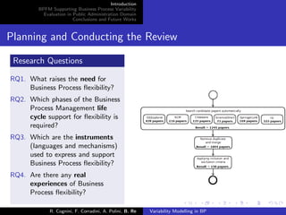Introduction
BPFM Supporting Business Process Variability
Evaluation in Public Administration Domain
Conclusions and Future Works
Planning and Conducting the Review
Research Questions
RQ1. What raises the need for
Business Process ﬂexibility?
RQ2. Which phases of the Business
Process Management life
cycle support for ﬂexibility is
required?
RQ3. Which are the instruments
(languages and mechanisms)
used to express and support
Business Process ﬂexibility?
RQ4. Are there any real
experiences of Business
Process ﬂexibility?
R. Cognini, F. Corradini, A. Polini, B. Re Variability Modelling in BP
 