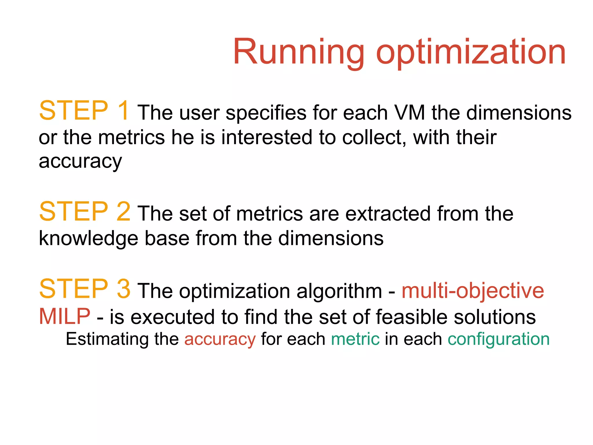 Running optimization
STEP 1 The user specifies for each VM the dimensions
or the metrics he is interested to collect, with their
accuracy
STEP 2 The set of metrics are extracted from the
knowledge base from the dimensions
STEP 3 The optimization algorithm - multi-objective
MILP - is executed to find the set of feasible solutions
Estimating the accuracy for each metric in each configuration
 
