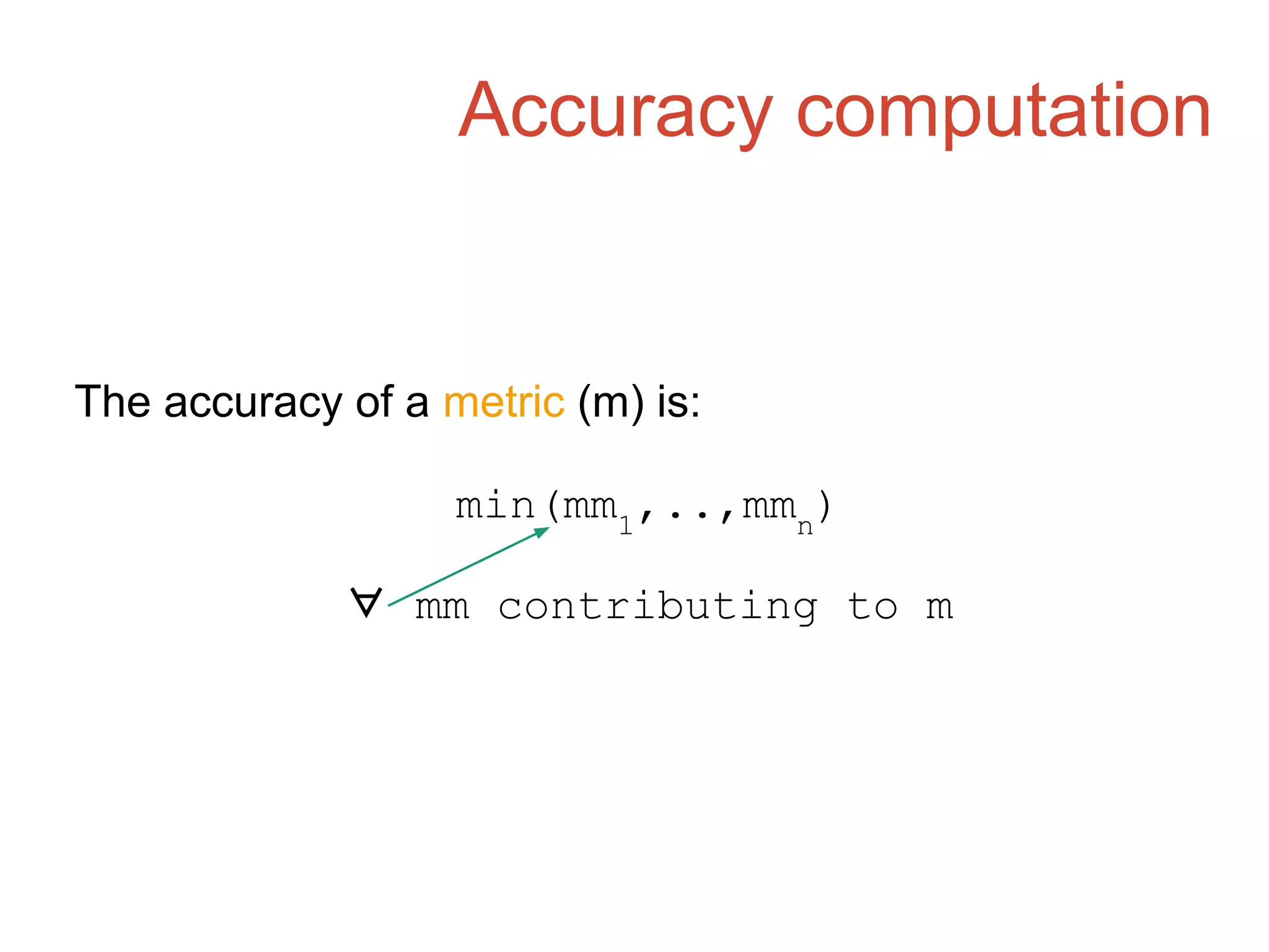 Accuracy computation
The accuracy of a metric (m) is:
min(mm1
,..,mmn
)
∀ mm contributing to m
 