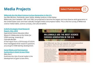 Media Projects
Millenials Are the Most Science-Curious Generation in the U.S.
Sue Ellen McCann, Fred Jacobs, Jason Hollins, Asheley Landrum, & Dan Kahan
Millennials, born between 1981 and 1996, are projected to become the largest and most diverse adult generation in
the United States soon and have radically changed media consumption habits. This is the first survey of Millennial
science media habits, science curiosity, and cultural beliefs.
SciGirls Strategies Final Research
Report, XSci, 2018
Experiential Science Education (XSci)
Research Collaborative at the Center for
STEM Learning, University of
Colorado-Boulder
A final report from a 2018 study of SciGirls
that investigated three research questions
around girls’ STEM identity development.
Social Media and Participatory
Authorship in Giant Screen Films
Mary Nucci
Examines the role of social media in the
development of giant screen films.
By the NumbersSelect Publications
 