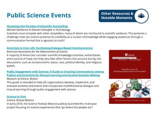 Public Science Events
Scientists in Civic Life: Facilitating Dialogue-Based Communication
American Association for the Advancement of Science
A majority of Americans consider scientific knowledge essential, authoritative,
and a source of hope, but they also take other factors into account during civic
discussions, such as socioeconomic status, race, political identity, and religious
beliefs.
Public Engagement with Science: A Guide to Creating Conversations among
Publics and Scientists for Mutual Learning and Societal Decision-Making
Museum of Science, Boston
This guide is intended to help ISE organizations develop, implement, and
evaluate activities and events that incorporate multidirectional dialogue and
mutual learning through public engagement with science.
Science In Vivo
Science Festival Alliance
In early 2018, the Science Festival Alliance publicly launched this multi-year
project focusing on science experiences that “go where the people are.”
(Escaping) the Paradox of Scientific Storytelling
Michael Dahlstrom & Dietram Scheufele in PLoS Biology
Scientists must compete with other storytellers, many of whom are not bound to scientific evidence. This presents a
challenge: how can science preserve its credibility as a curator of knowledge while engaging audiences through a
communication format that is agnostic to truth?
Other Resources &
Notable Moments
 