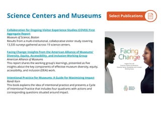Collaboration for Ongoing Visitor Experience Studies (COVES) First
Aggregate Report
Museum of Science, Boston
Results from a multi-institutional, collaborative visitor study covering
13,335 surveys gathered across 19 science centers.
Facing Change: Insights from the American Alliance of Museums’
Diversity, Equity, Accessibility, and Inclusion Working Group
American Alliance of Museums
This report shares the working group’s learnings, presented as five
insights about the key components of effective museum diversity, equity,
accessibility, and inclusion (DEAI) work.
Intentional Practice for Museums: A Guide for Maximizing Impact
Randi Korn
This book explains the idea of intentional practice and presents a Cycle
of Intentional Practice that includes four quadrants with actions and
corresponding questions situated around impact.
Science Centers and Museums By the NumbersSelect Publications
 