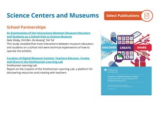 School Partnerships
An Examination of the Interactions Between Museum Educators
and Students on a School Visit to Science Museum
Neta Shaby, Orit Ben‐Zvi Assaraf, Tali Tal
This study revealed that most interactions between museum educators
and students on a school visit were technical explanations of how to
operate the exhibits.
Curation of Digital Museum Content: Teachers Discover, Create,
and Share in the Smithsonian Learning Lab
Smithsonian Learning Lab
Report on the creation of the Smithsonian Learning Lab, a platform for
discovering resources and creating with teachers.
Science Centers and Museums By the NumbersSelect Publications
 