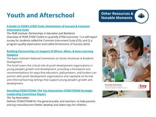 Youth and Afterschool
A Guide to PEAR’s STEM Tools: Dimensions of Success & Common
Instrument Suite
The PEAR Institute: Partnerships in Education and Resilience
Overview of PEAR STEM Toolkit to quantify STEM outcomes: 1) a self-report
survey for students called the Common Instrument Suite (CIS), and 2) a
program quality observation tool called Dimensions of Success (DoS).
Building Partnerships: In Support of Where, When, & How Learning
Happens
The Aspen Institute’s National Commission on Social, Emotional, & Academic
Development
This brief covers the critical role of youth development organizations in
young people’s growth and development, providing a framework and
recommendations for ways that educators, policymakers, and funders can
partner with youth development organizations and capitalize on formal
and informal learning settings that support young people’s growth and
development.
Decoding STEM/STEAM: The Toy Association STEM/STEAM Strategic
Leadership Committee Report
The Toy Association
Defines STEM/STEAM for the general public and teachers, to help parents
and toy manufacturers better develop and select toys for children.
Other Resources &
Notable Moments
 