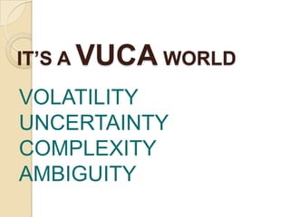 IT’S A VUCA WORLD
VOLATILITY
UNCERTAINTY
COMPLEXITY
AMBIGUITY
 